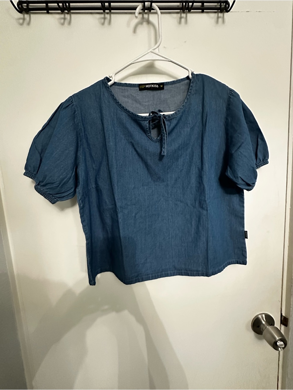 Hot Kiss Indigo Denim Puff-Sleeve Top with Tie Neck